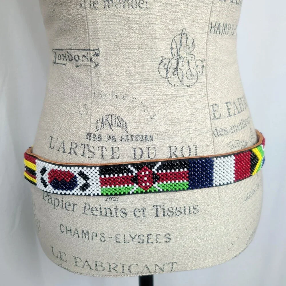 Vintage Beaded Flags Belt Small Leather Black Universal